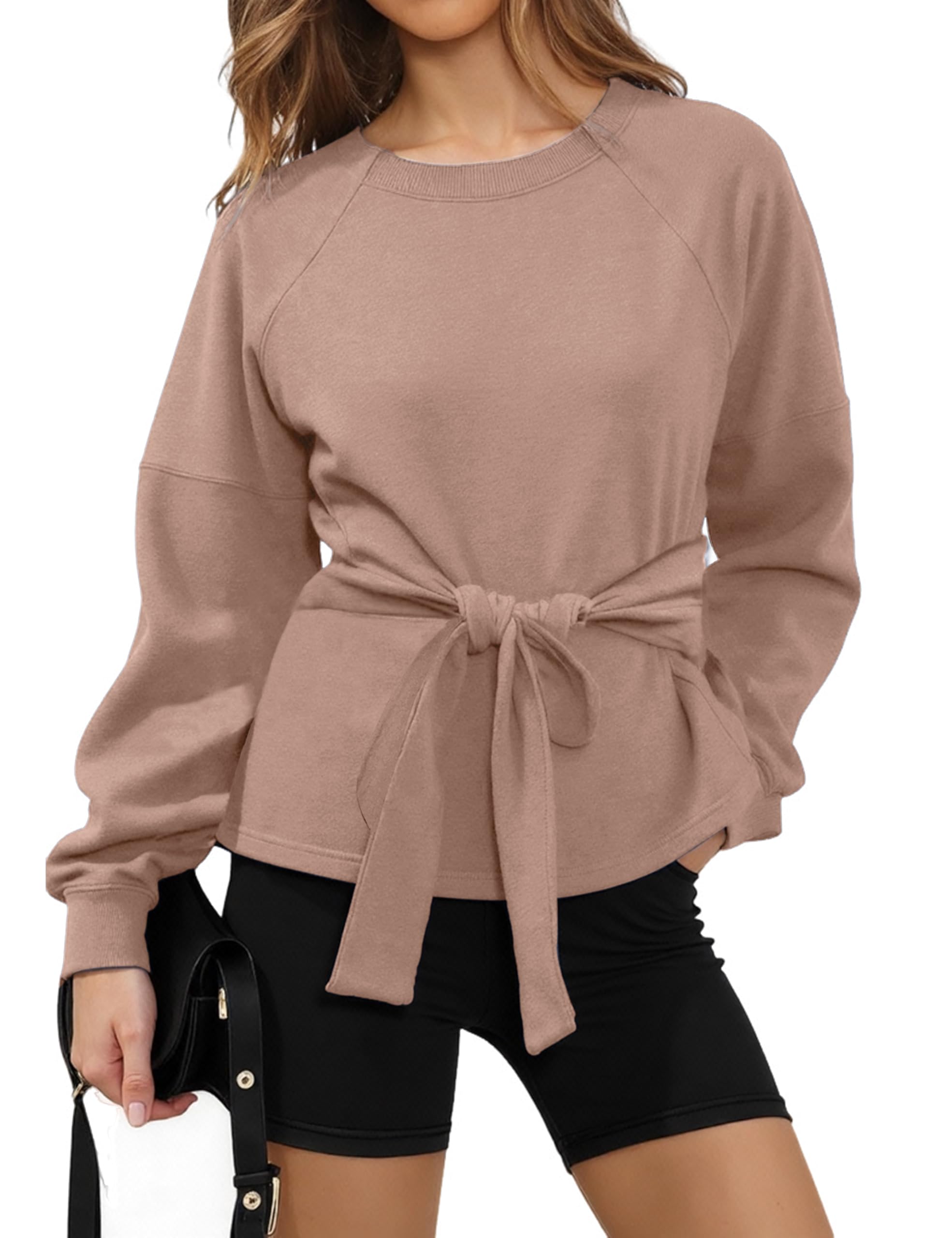 Zhiyouni Women's Long Sleeves Shirt Tops Casual 2026 Fall Fashion Crewneck Tie Knot Sweatshirt Pullover