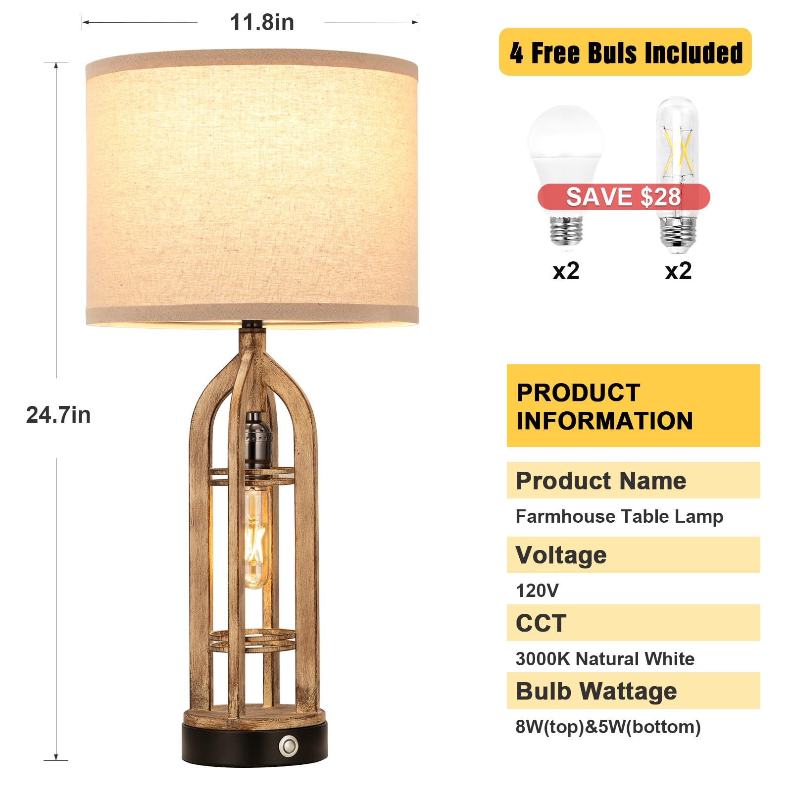 Seealle Table Lamp for Living Room Set of 2 - Wood-Like Bedside Lamp for Bedroom with USB C+A & Outlet, Farmhouse Lamps for Night Stands, 3-Way Dimmable Touch Lamps for Living Room