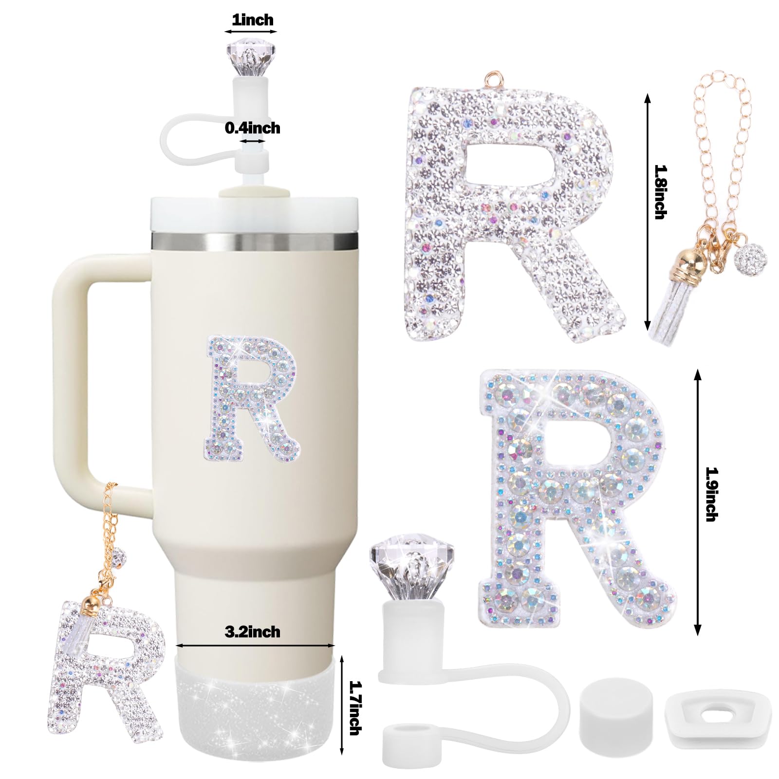 Mity rain Accessories Set for Stanley Cup, Initials Decorations for Tumbler Cup 30/40OZ, Including Diamond Straw Topper/Spill Proof Stopper/Sparkly Silicone Boot Set/Letter Charms for Handle A-Z (A-)