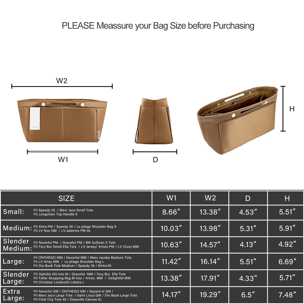 ZTUJO Purse Organizer Insert For Handbag & Tote Shaper,Tote Bag Organizer Insert For Speedy Neverful, 6 Sizes(Small, Silky Brown)