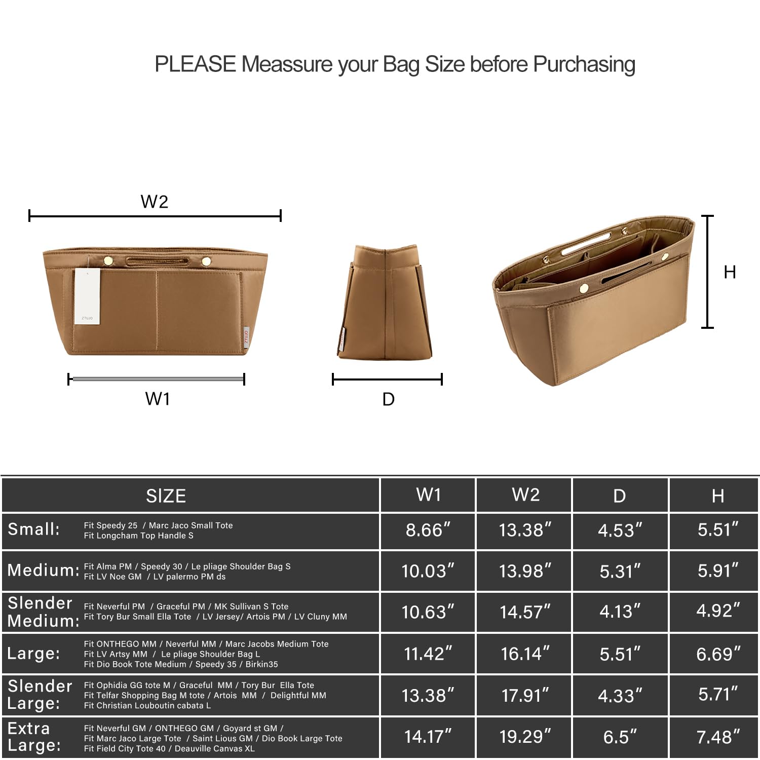 ZTUJO Purse Organizer Insert For Handbag & Tote Shaper,Tote Bag Organizer Insert For Speedy Neverful, 6 Sizes(Small, Silky Brown)