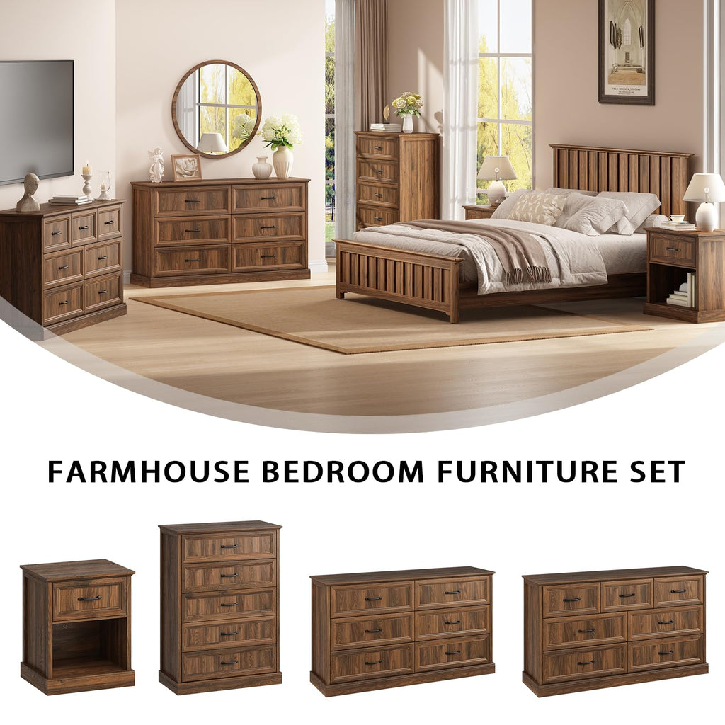 Farmhouse 5 Drawers Dresser for Bedroom, 44" Tall Brown dresser Wood Rustic Chest of Drawers with Wide Metal Handle,Natural Texture,Drawer Organizer for Bedroom,Living Room,Hallway and Entryway