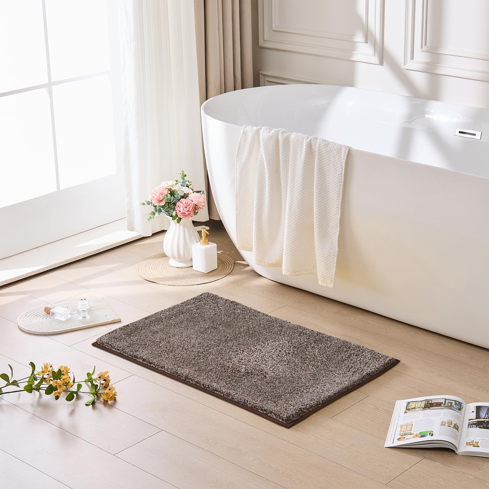 CozeCube Circle Fleece Bath mats for Bathroom, Fluffy Absorbent, Melange Quick Dry Microfiber Bath Rugs, Non Slip Washable Shower Mat Gifts, Brown, 24" X 16"