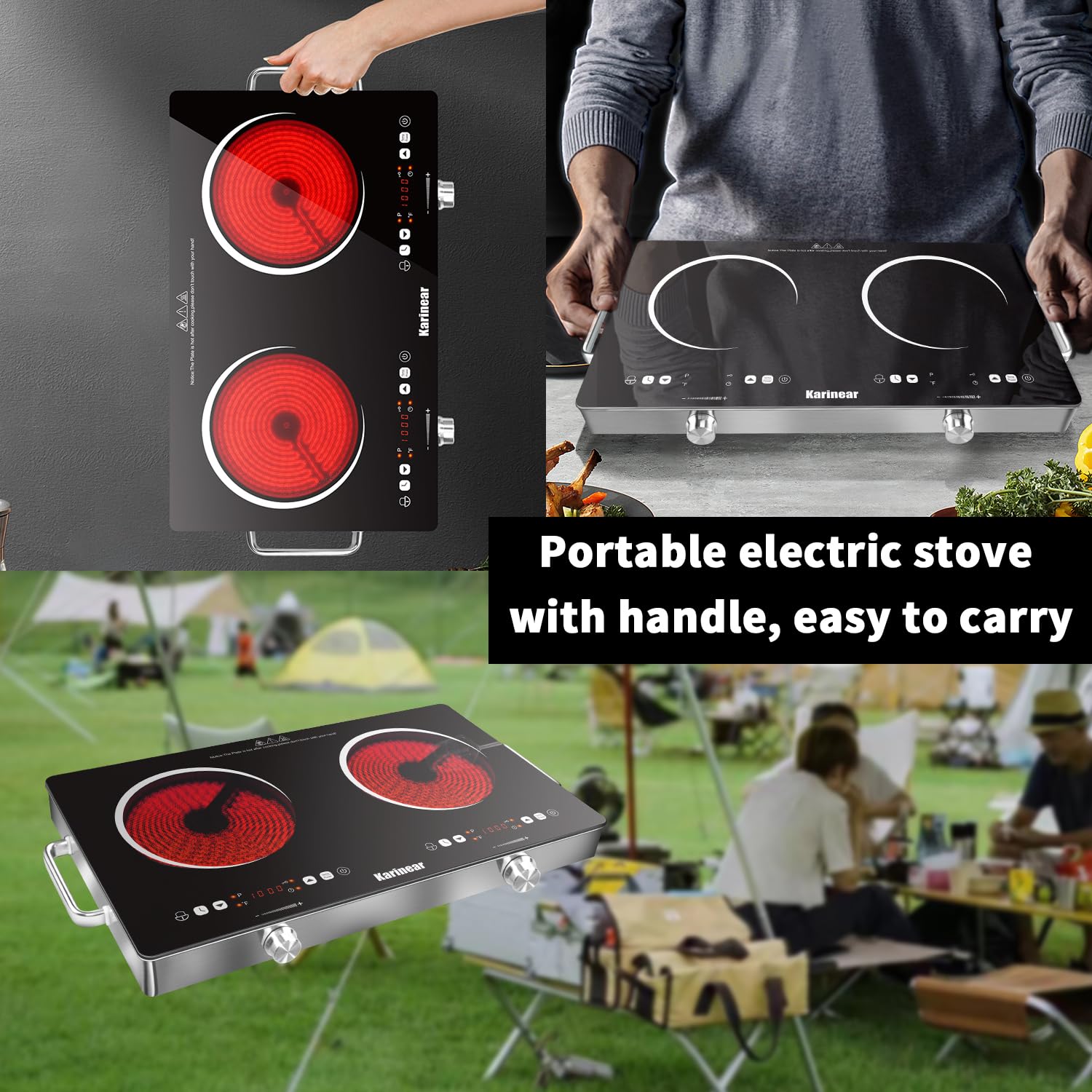 Karinear Portable Electric Stove 110V, 1800W Electric Hot Plate with Handle, Knob Control Single Burner Electri Cooktop, Ceramic Infrared Countertop Burner, Timer, Safety Lock(Green)