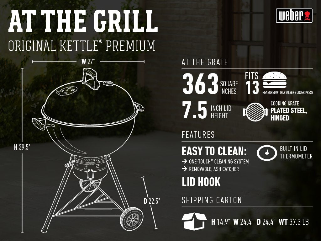 Weber Original Kettle Premium Charcoal Grill, 22-Inch, Black – Outdoor BBQ Grill with Built‑In Thermometer, Heat Control Dampers & One‑Touch™ Cleaning System