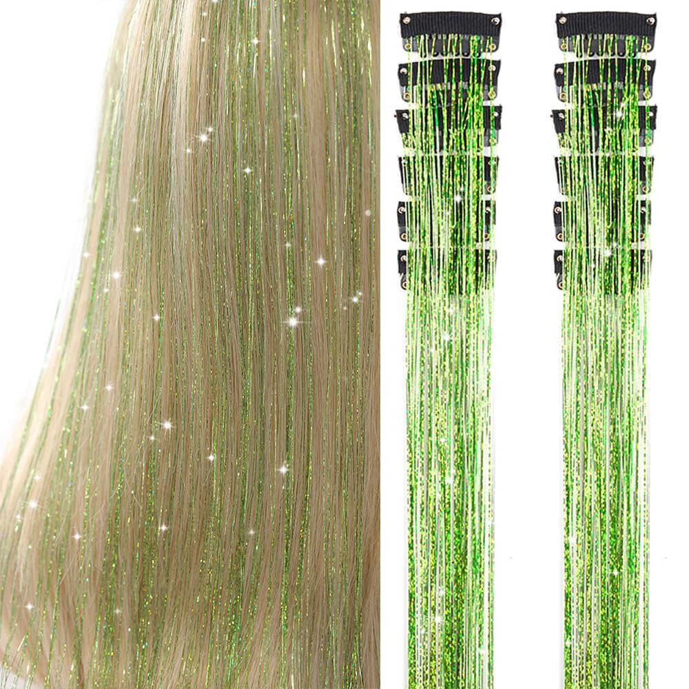 Clip in Hair Tinsel, Pack of 12 Pcs 20 Inch,Glitter Tinsel Hair Extensions, Festival Tinsel Fairy Hair Extension Party Dazzle Hair Accessories Strands Kit for Women Girls(12Pcs,Black#)