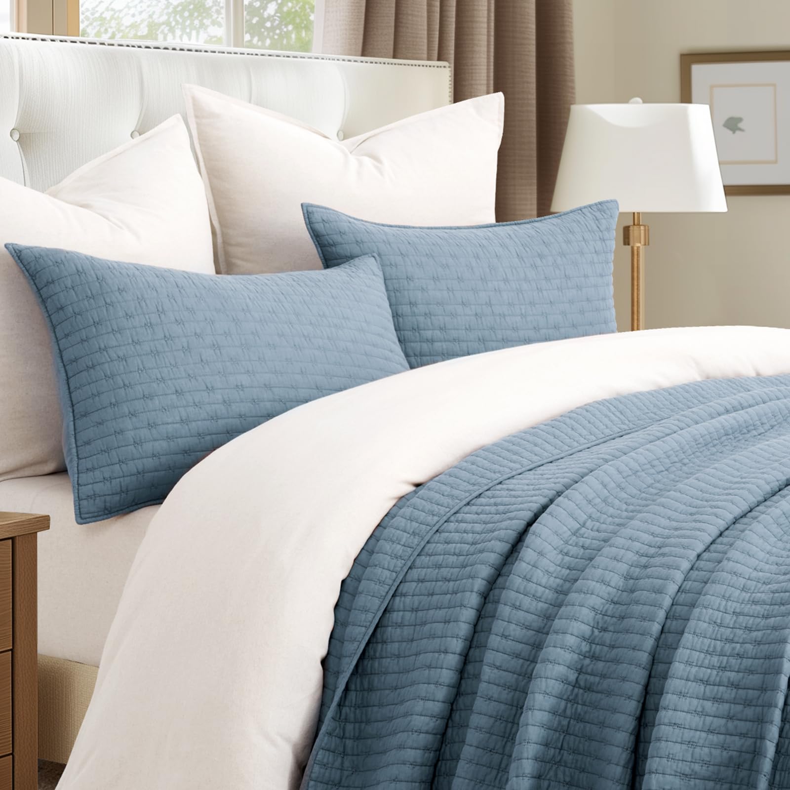 EVERGRACE Cotton Border Frame Tack-Stitch Quilt Bedding Set Queen Size, Coastal Oversized 3 Pieces Lightweight Bedspread Coverlet for All Season, with 2 Matching Shams, Blue Linen