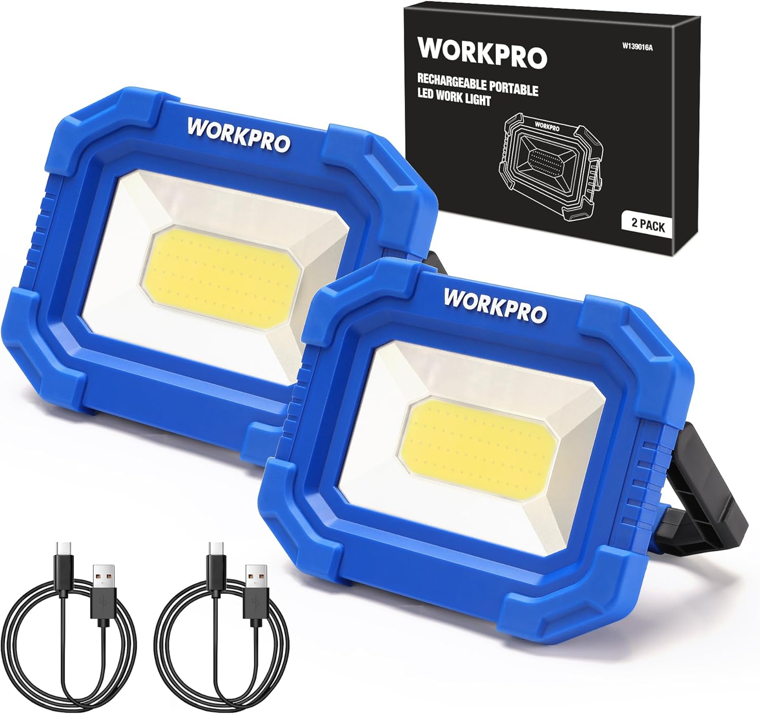 WORKPRO LED Work Light, Rechargeable Magnetic Work Lights with Stand, Portable 2000LM COB Flood Light for Camping, Fishing, Car Repair, Job Site Lighting, Hiking, 4 Modes, 2 Pack
