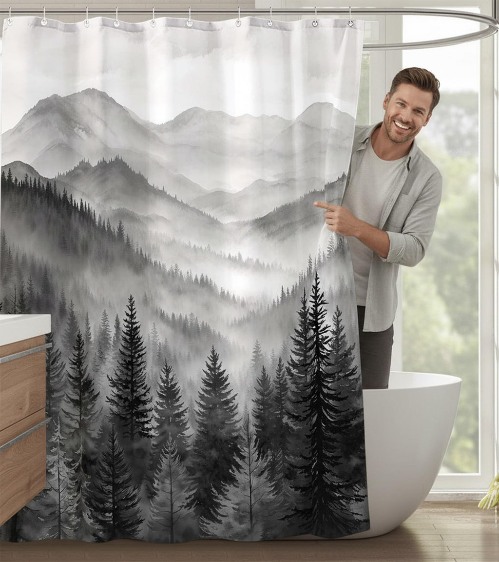 Stall Small Black and White Misty Forest Shower Curtain Ombre Gray Grey Mountain Pine Tree Waterproof Fabric Shower Curtains for Bathroom Nature Woodland Decorative Bath Curtain Decor 36×72 Inches