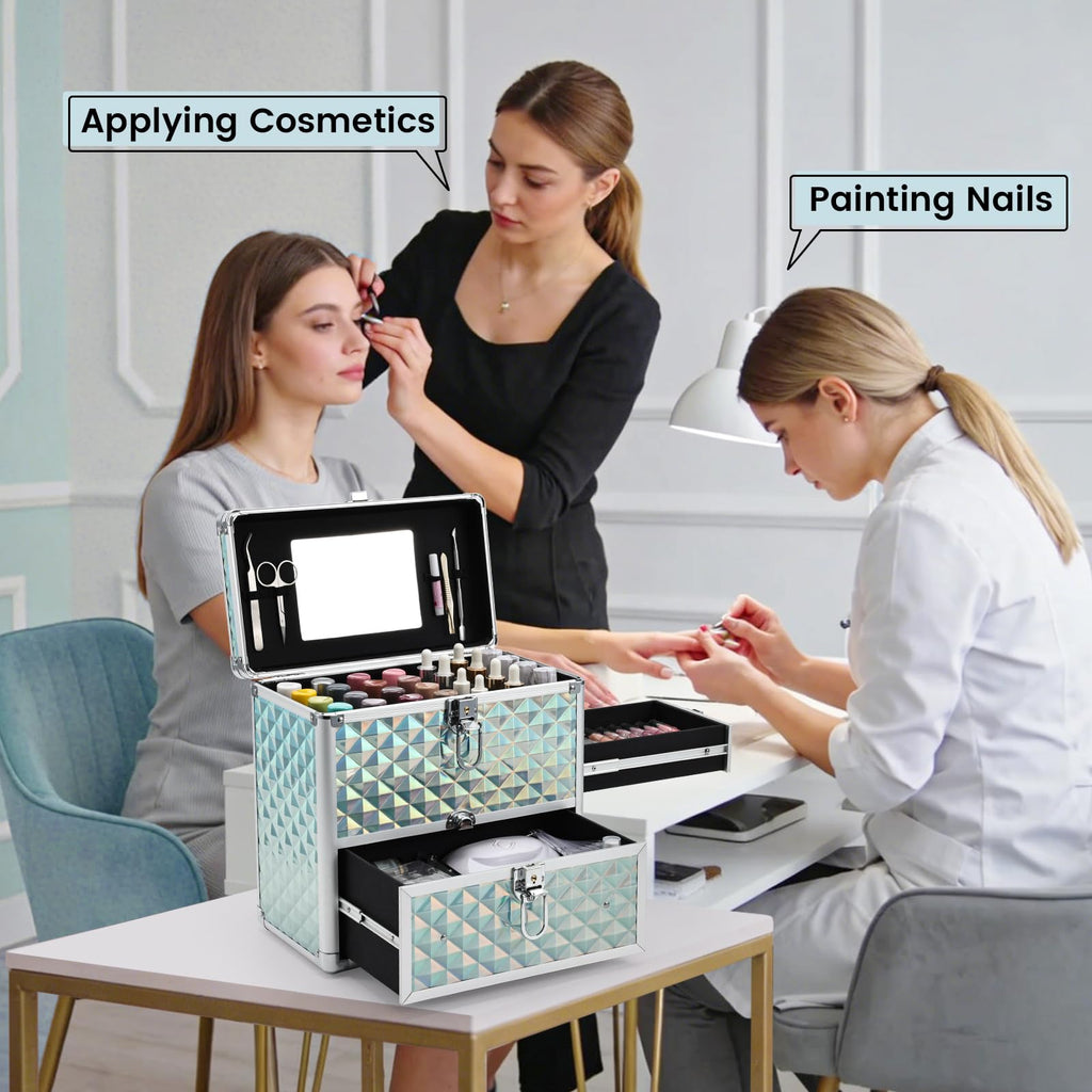 Frenessa Nail Polish Makeup Train Case with Drawer and Dividers Manicure Organizer Accessory Storage Makeup Box With Mirror Lockable Keys Nail Kit Organizer Cosmetic Case Jewelry Box - Black