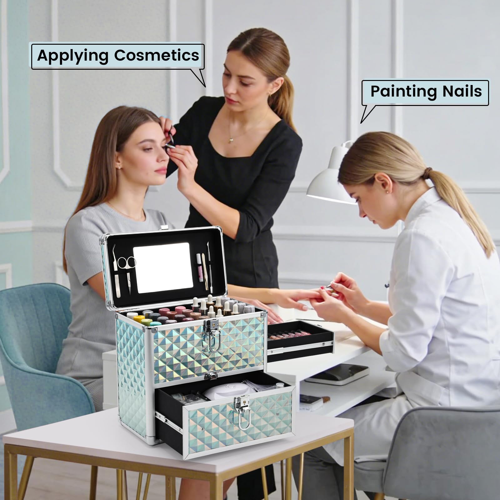 Frenessa Nail Polish Makeup Train Case with Drawer and Dividers Manicure Organizer Accessory Storage Makeup Box With Mirror Lockable Keys Nail Kit Organizer Cosmetic Case Jewelry Box - Black