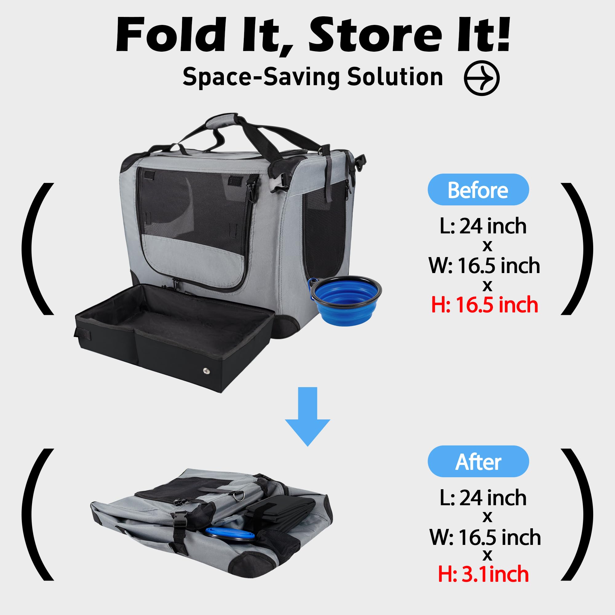 Prutapet Large Cat Carrier 24"x16.5"x16.5" Portable Dog Crate for Small Medium Dogs Collapsible Traveling Pet Crate with Collapsible Bowl