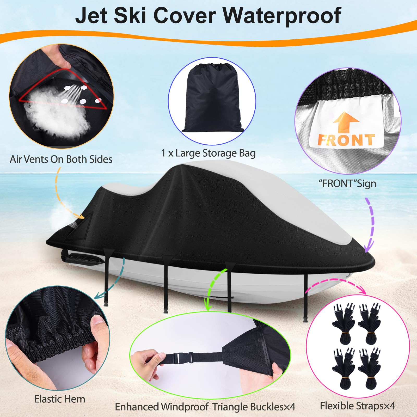 Jet Ski Cover,Heavy Duty 900D Oxford Jetski Cover 2 3 Seater with 2 Air Vents，4 Windproof Buckles，Easy On，Jetski Cover Waterproof for Seadoo Spark,Yamaha,All Weather Protection(Black, XL:115"-120")