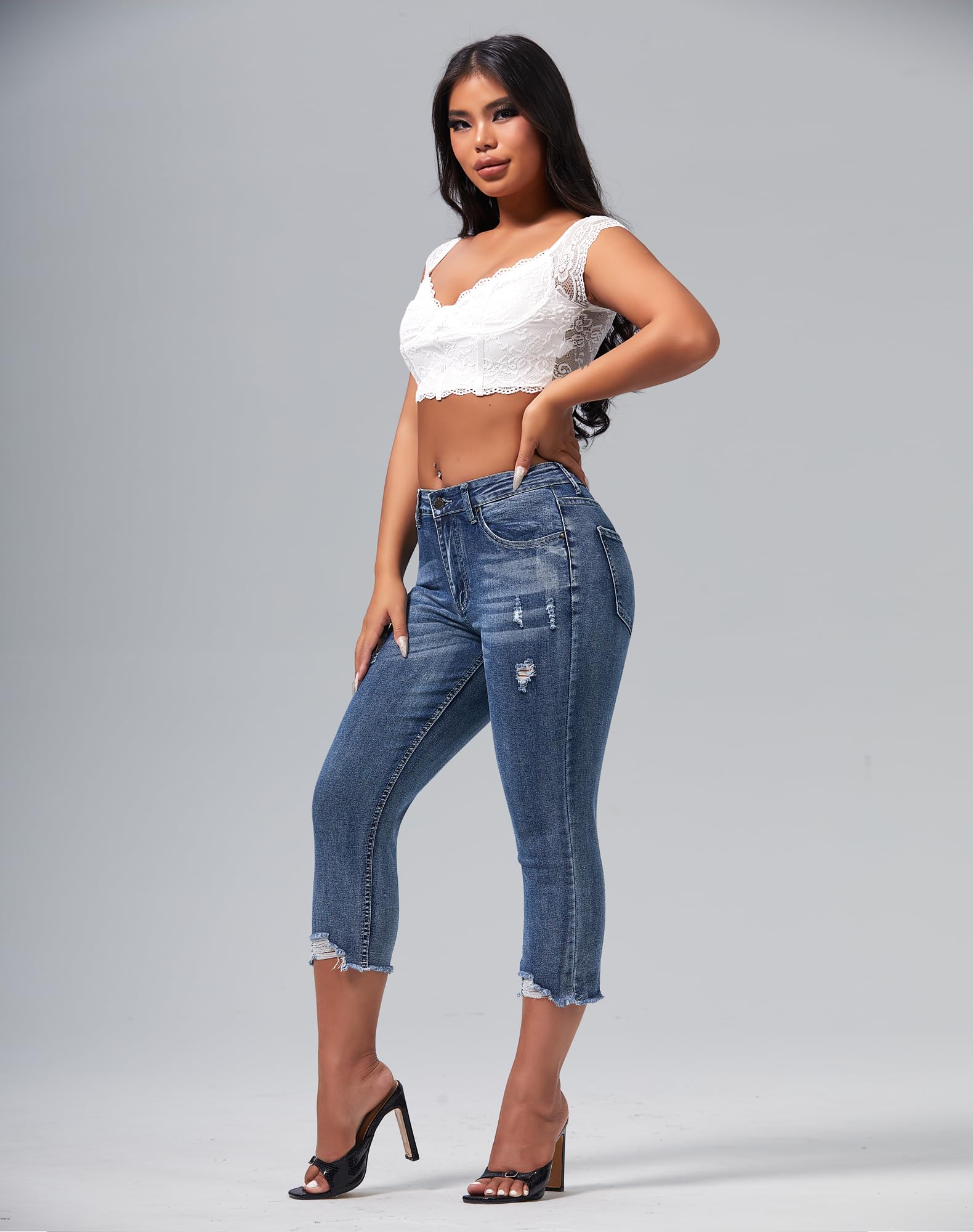 roswear Women's Capri Pants Mid Rise Skinny Ripped Stretchy Cropped Distressed Jeans