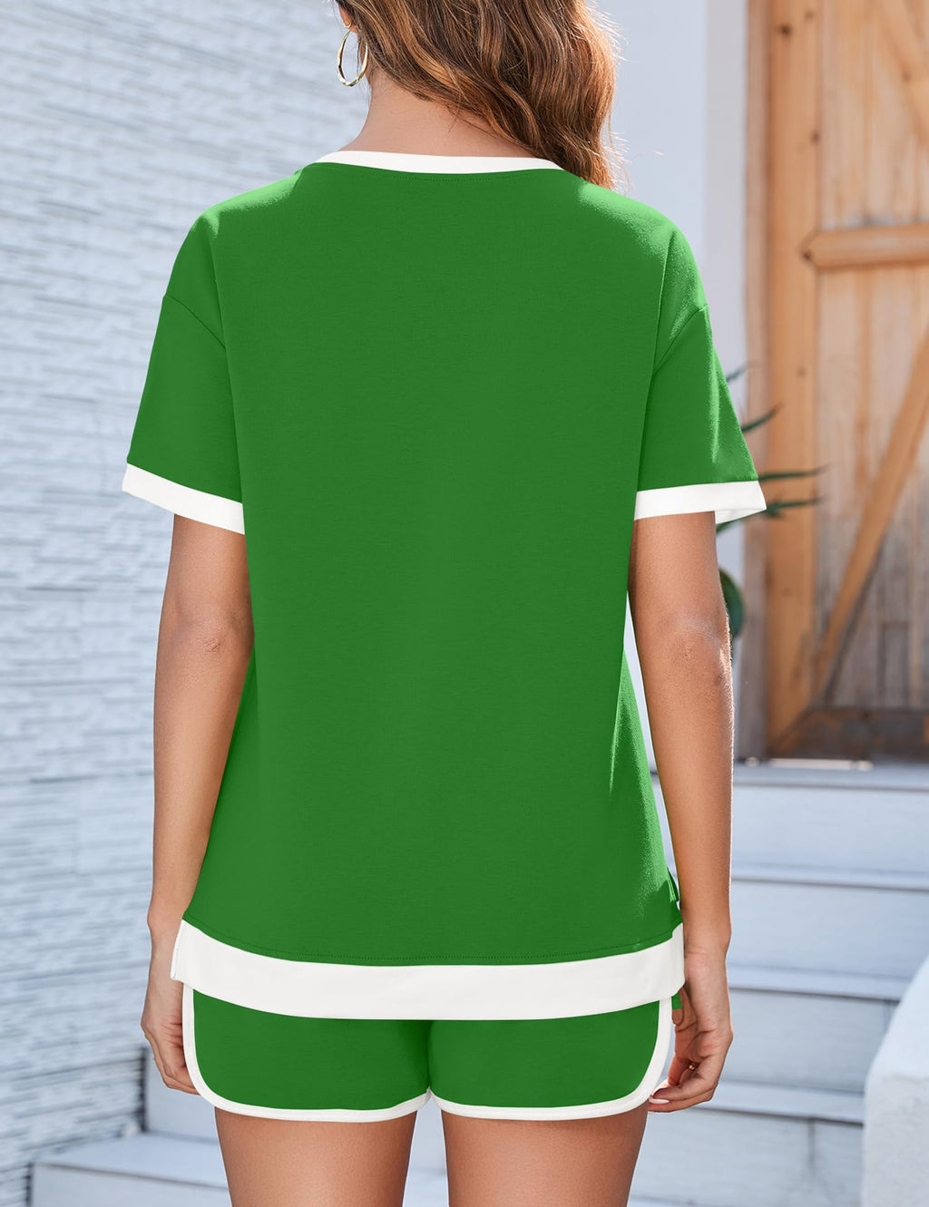 AKEWEI Shorts Sets Women 2 Piece Outfits Casual Short Sleeve Crewneck Tops and Drawstring Shorts Color Block Sets