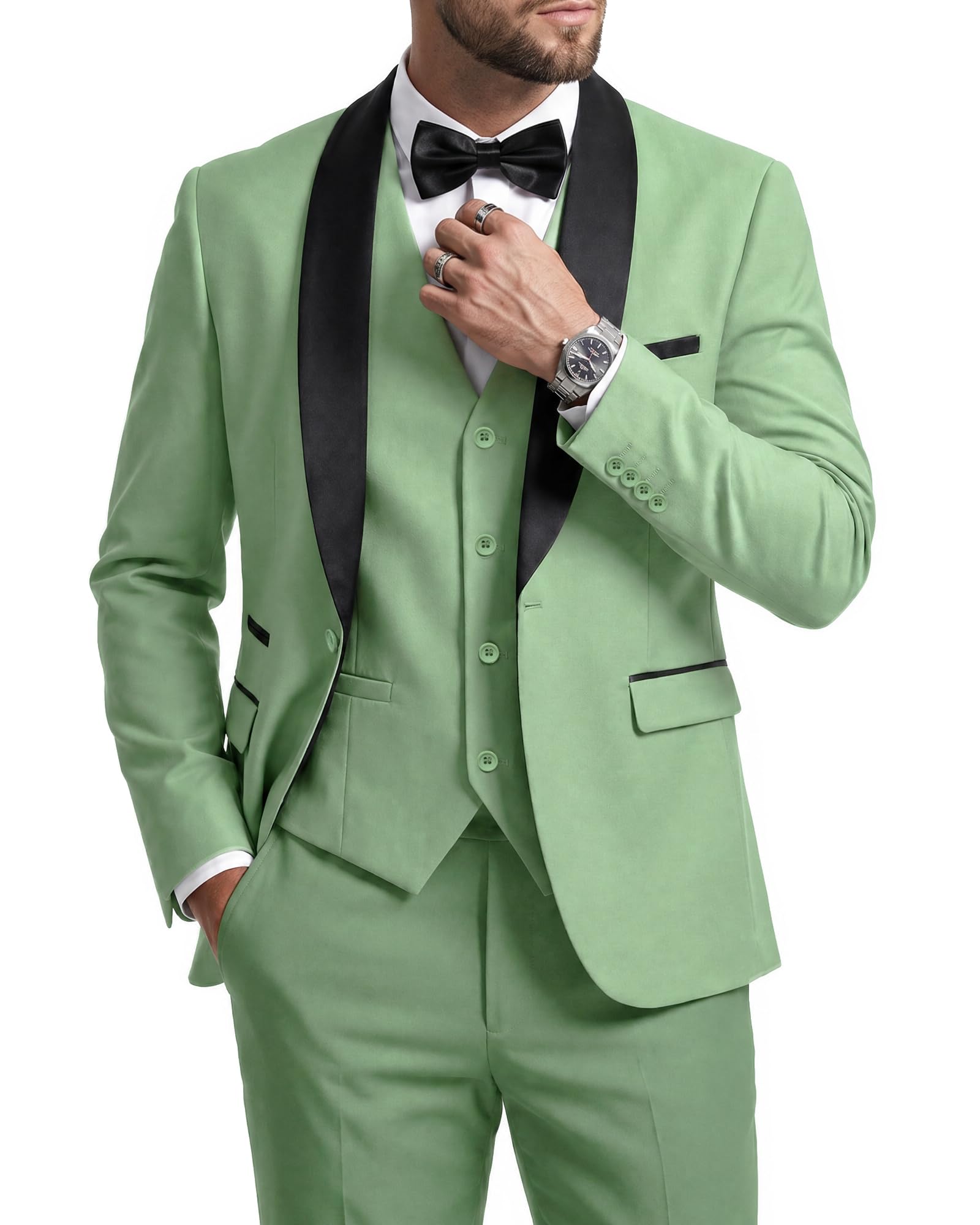 MrSure Men’s 3 Piece Slim Fit Suit, One Button Shawl Lapel Tuxedo, Premium Dinner Jacket Vest Pants & Tie Set