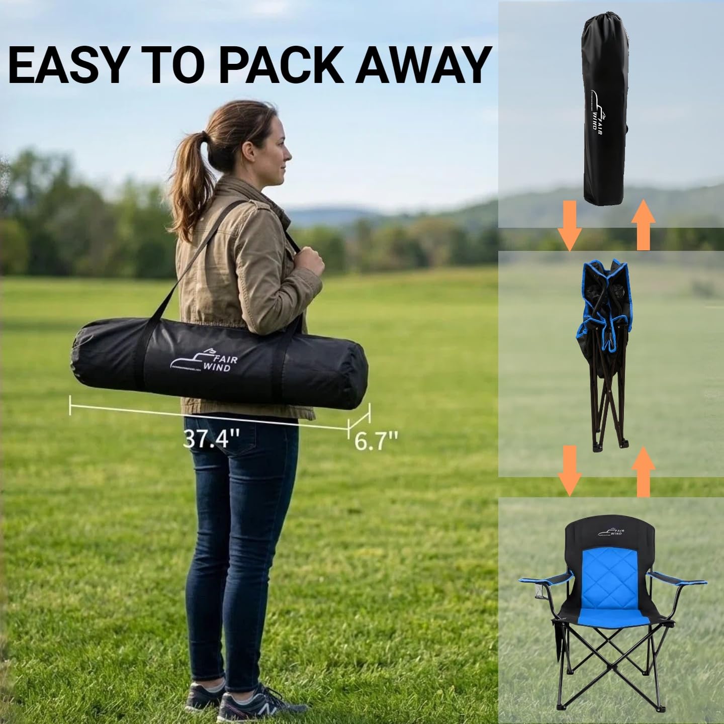 FAIR WIND Oversized Padded Camping Chair 2 Pack 350 LBS Capacity Fully Padded Lawn Quad Chair with Side Pocket & Cup Holder, Heavy Duty Lawn Chair for Outside, Tailgating, Beach, Sports