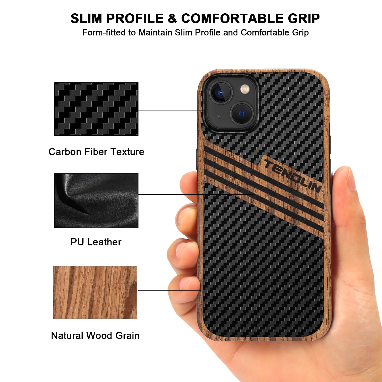 TENDLIN Compatible with iPhone 15 Case Wood Grain with Carbon Fiber Texture Design Leather Hybrid Slim Case (Black)