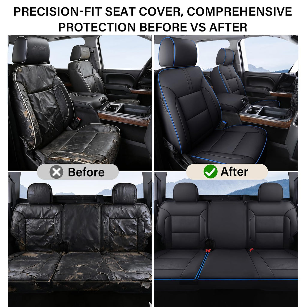 Coverado Chevy Silverado Seat Covers, Faux Leather Seat Covers Fit for Chevy Silverado GMC Sierra 2007-2025 1500, 2015-2025 2500HD 3500HD Crew Double Extended Cab (Front, Black)