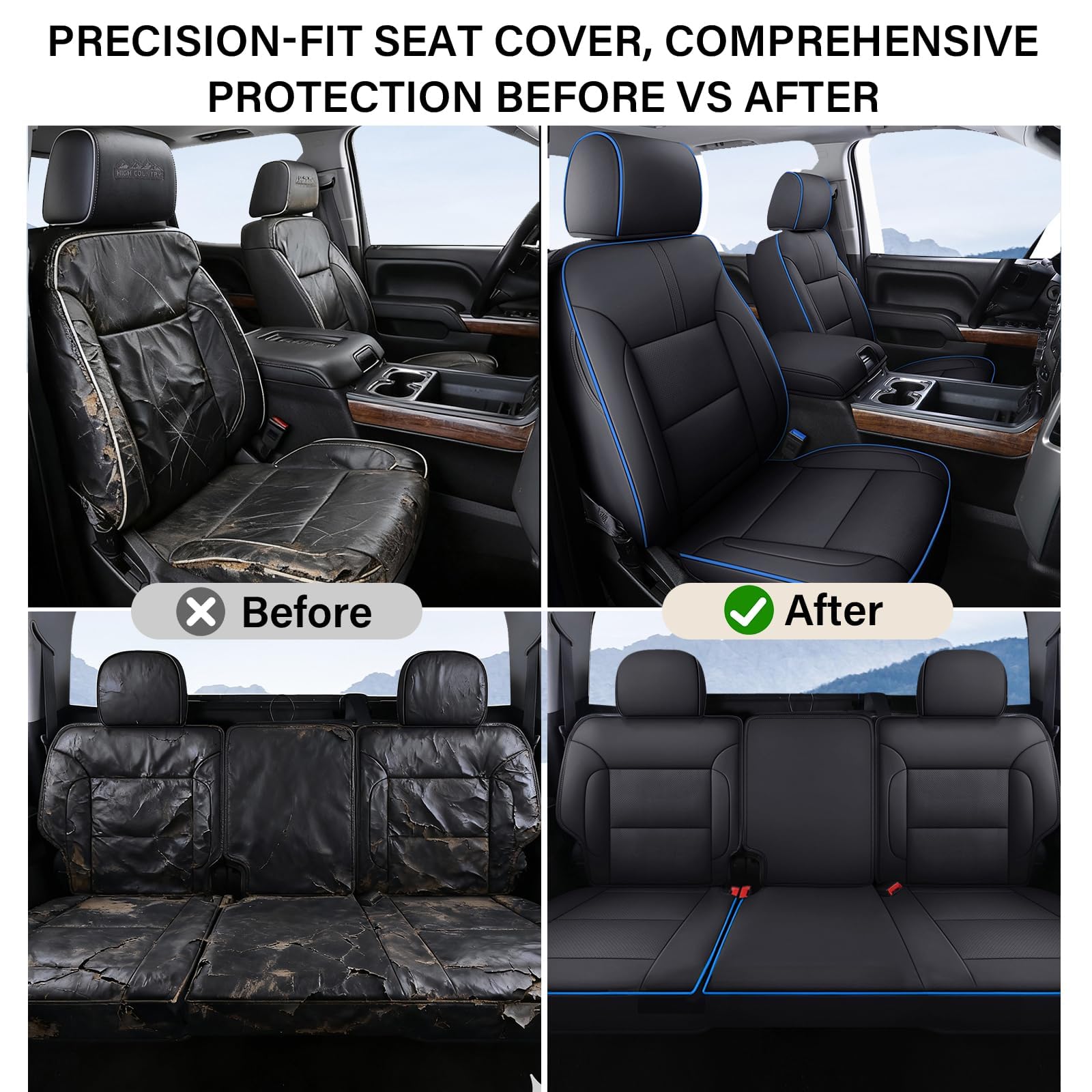 Coverado Chevy Silverado Seat Covers, Faux Leather Seat Covers Fit for Chevy Silverado GMC Sierra 2007-2025 1500, 2015-2025 2500HD 3500HD Crew Double Extended Cab (Front, Black)