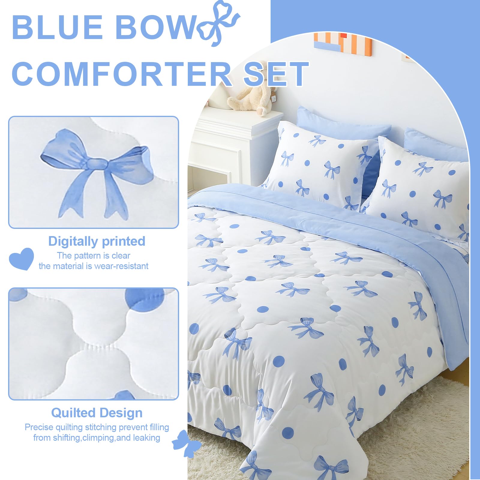 Wajade 7 Piece Blue Bow Comforter Set for Girls Kids Twin Size Bedding Set with Sheet and 2 Pillowcases 2 Pillow Shams Cute Girls Bed in a Bag as Birthday Choice