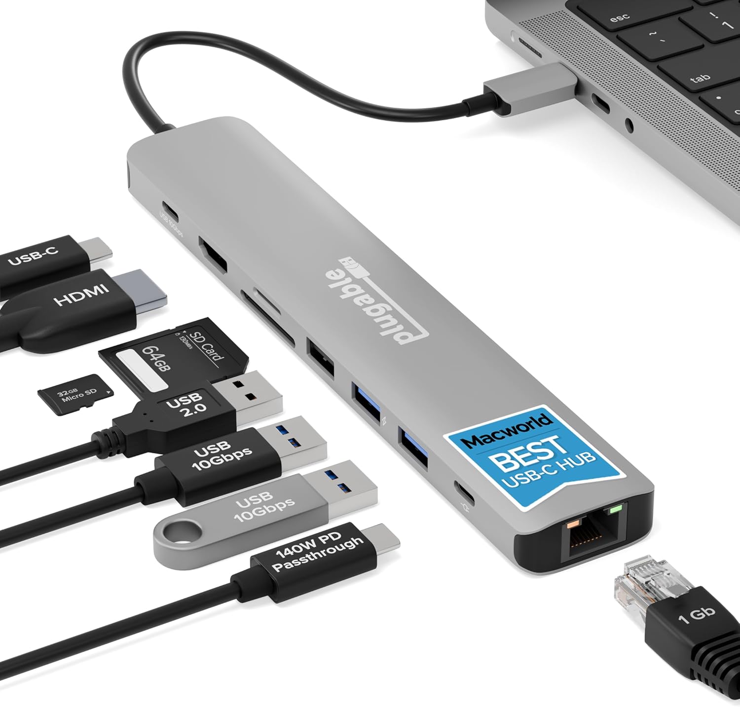 Plugable USB C Hub Multiport Adapter: 9-in-1 with 140W PD Charging, 4K 60Hz HDMI, 10Gbps Data Transfer, Gigabit Ethernet, SD for USBC, USB4, Thunderbolt MacBook, Windows, Chromebook (USBC-9IN1E)