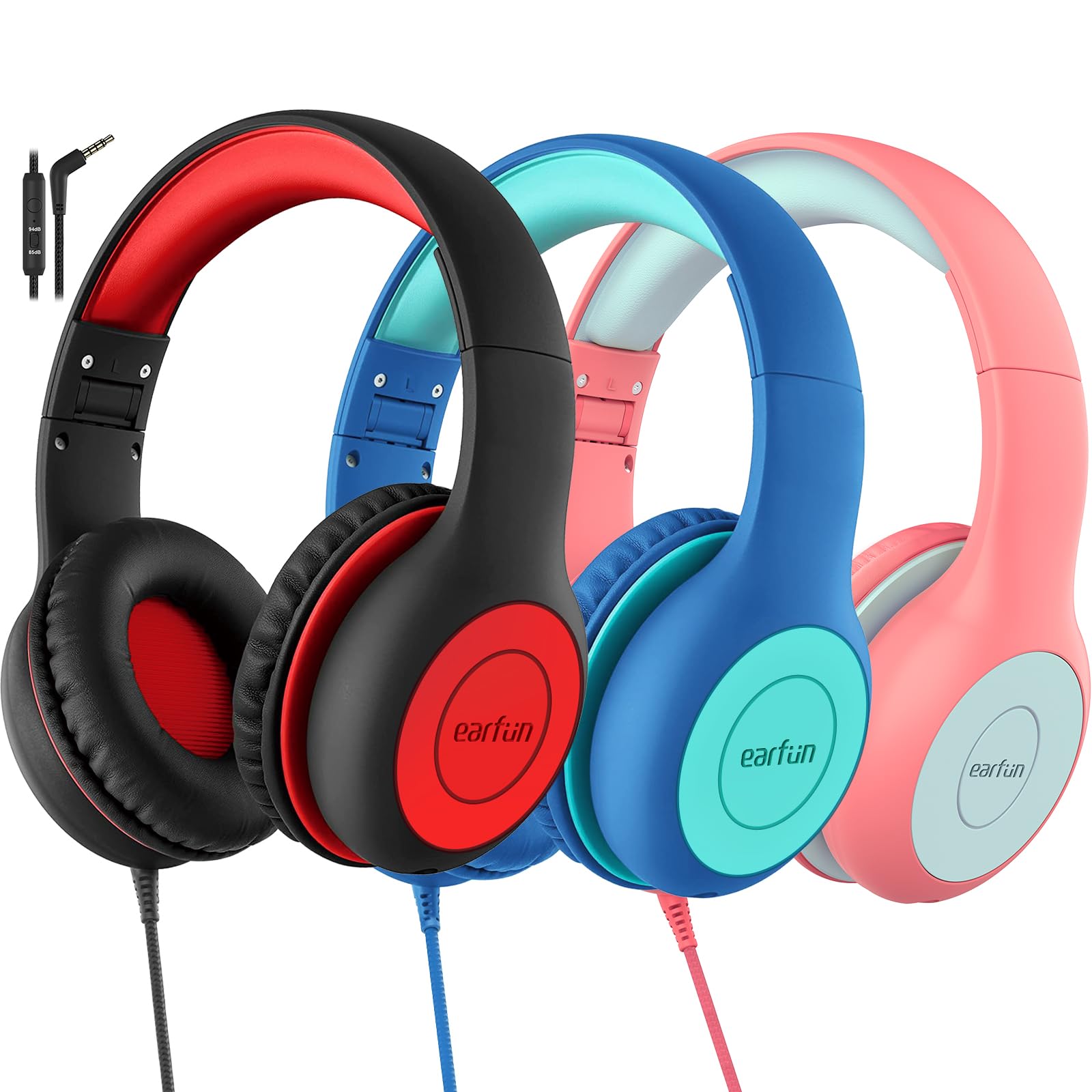 EarFun K1 Kids Headphones Wired with Microphone, 85/94dB Volume Limit Headphones for Kids, Portable Wired Headphone with Shareport, Stereo Sound Foldable Headset for School/Tablet/iPad, Black Red