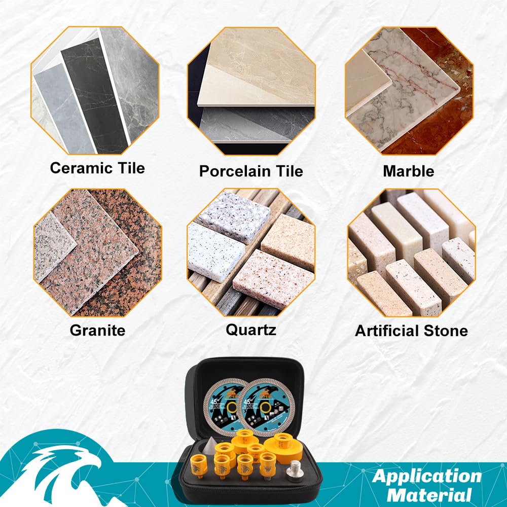 Diamond Tile Hole Saw Kit 12pcs - 6/8/10/25/35/50/65mm Core Drill Bits,10mm Milling Bit and 2" Chamfer Bit with Hex Adapter and 4.5" 2pcs Diamond Blade and for Tile Porcelain Marble