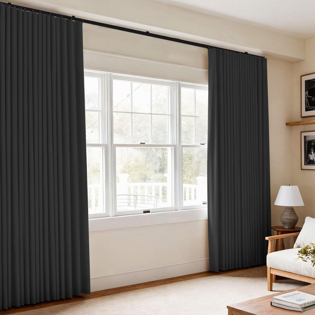 Room Divider Blackout Curtains Flexible Sliding Tracks Sets Ceiling Mounted Rod Window Curtain Privacy Separation for Bedroom Living Rooms,1 Panel Beige Drape and Black Track Set-W108xH72 in