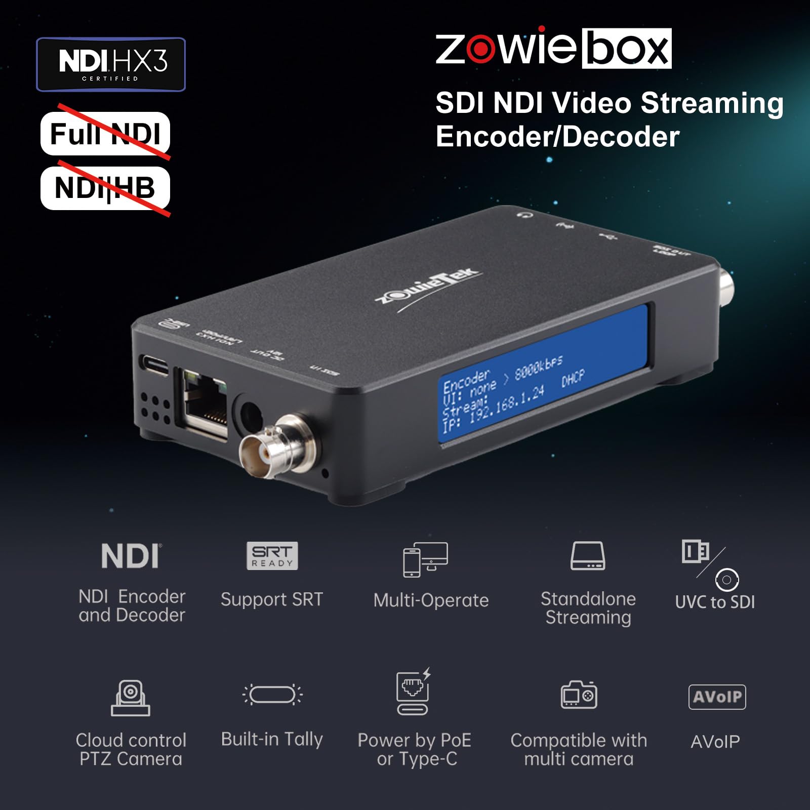 4K HDMI Video Encoder/Decoder, ZowieBox, Native NDI HX3 (Certified) Converter/Player, UVC to HDMI, Pass-Through Video Capture, SRT/RTMP(S)/RTSP, Live Streaming to YouTube
