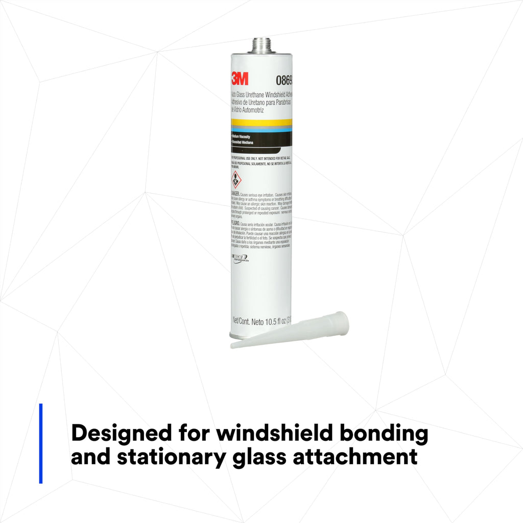 3M Auto Glass Urethane Windshield Adhesive, 08693, Medium Viscosity, High-Strength, Fast-Curing, 310 mL/10.5 fl oz Cartridge , Black