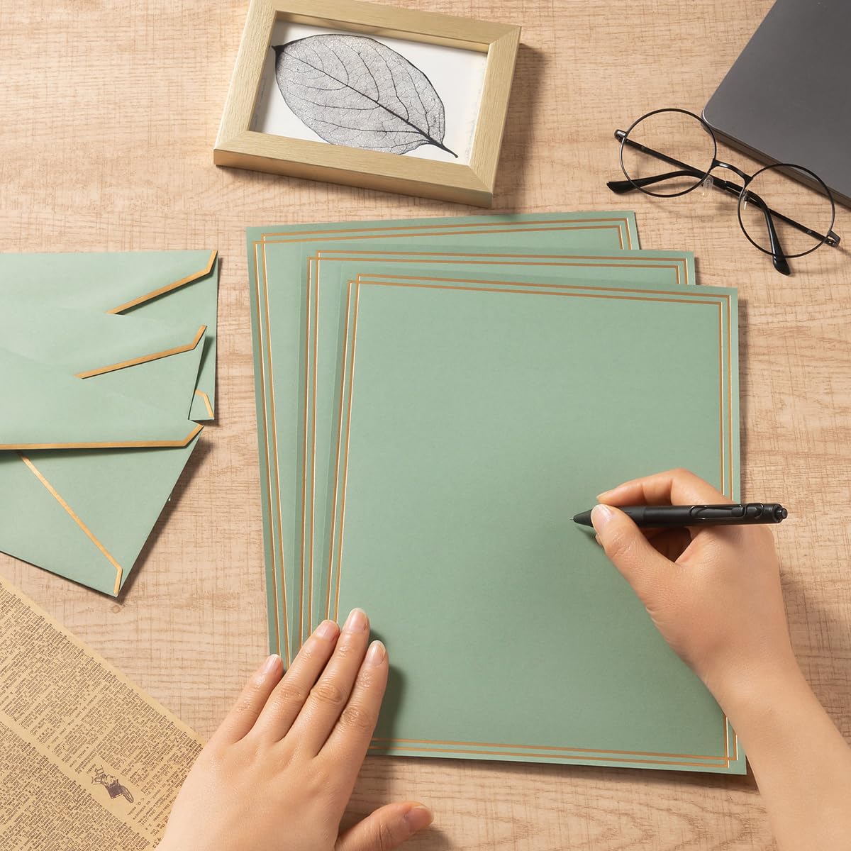 50 Pack Stationery Set with Envelopes, Cream Color, 8.5x11 Inches | Gold Border, #10 Business Envelopes and 8.5x11 Paper Sheets, Stickers for Letter Writing, Invitations