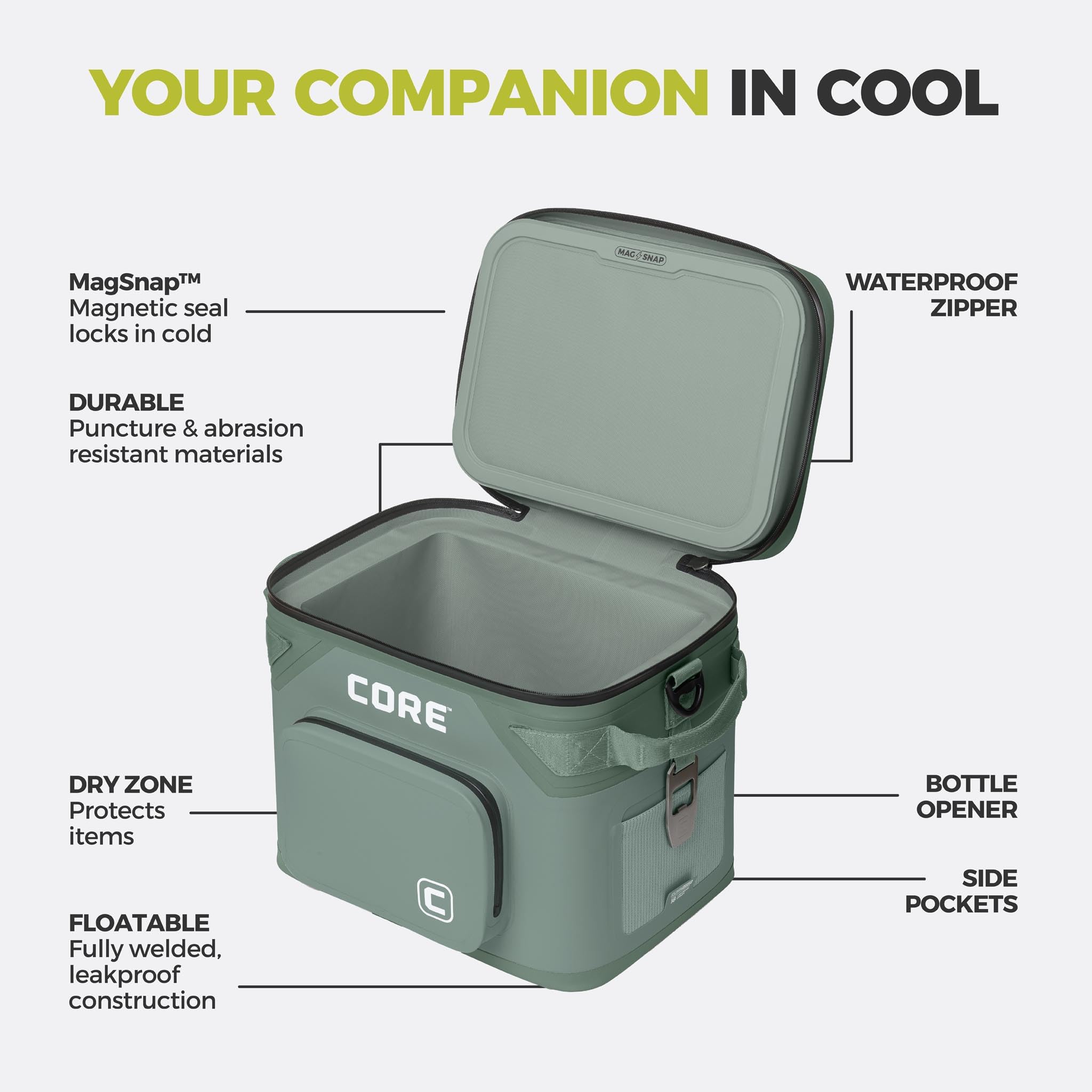 CORE Magnetic Leak Proof Soft Cooler with Waterproof Zipper | Insulated Bag Portable Ice Chest Box | Best Soft Cooler for Food & Beverages for Tailgating, Car Camping, Travel, and Family Beach Picnics