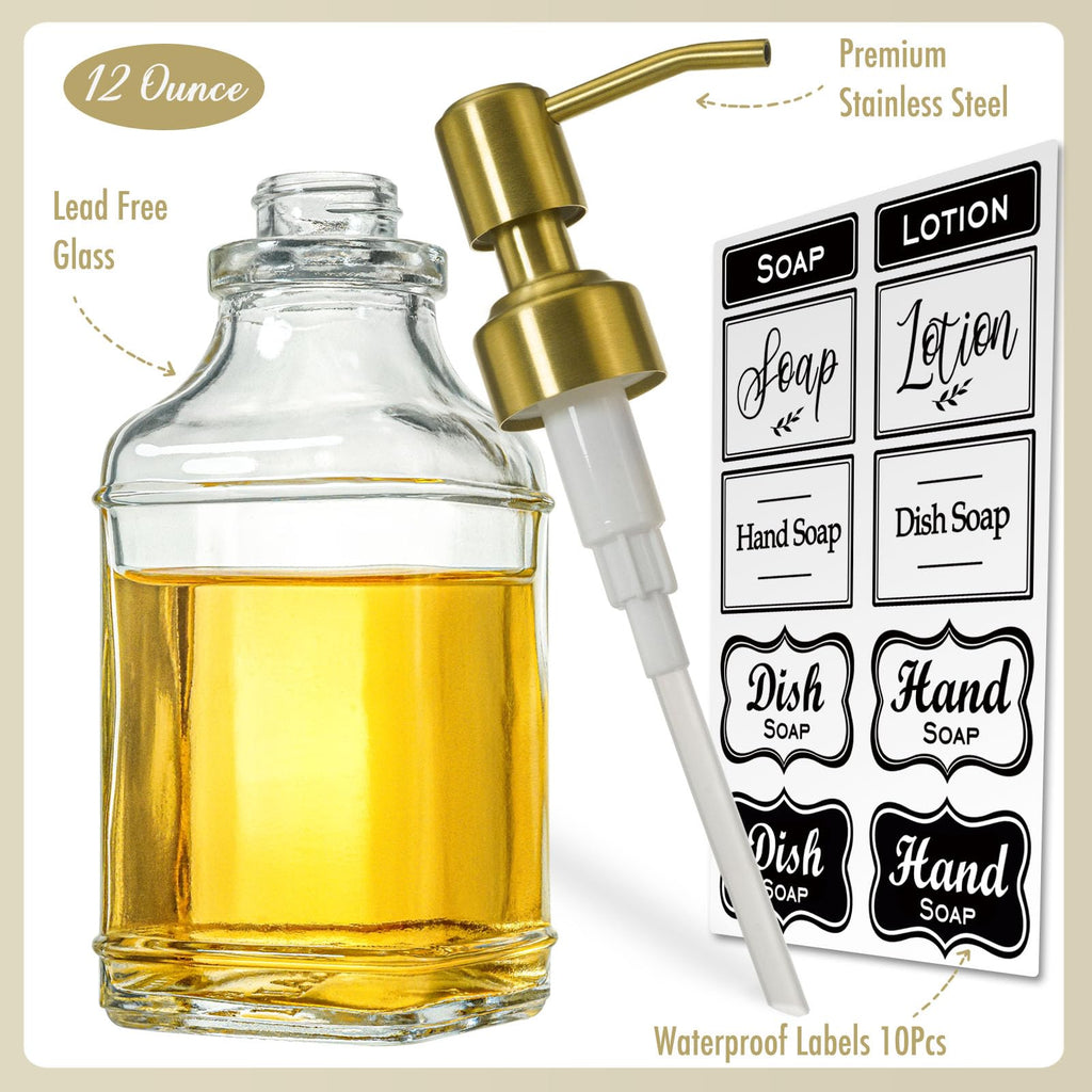 JASAI Antique Design Soap Dispenser with Rust Proof 304 Stainless Steel Pump, Refillable Glass Soap Dispenser with 10Pcs Clear Stickers, Premium Kitchen & Bathroom Soap Dispenser