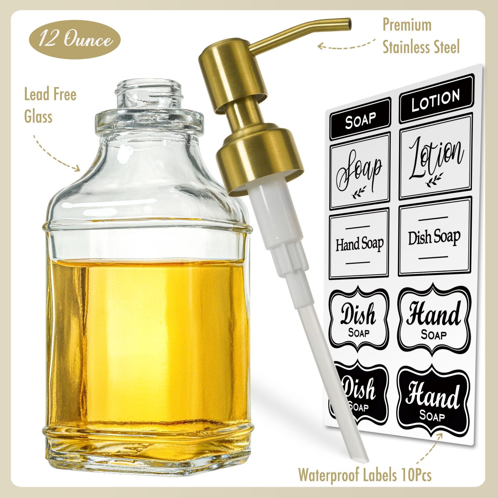JASAI Antique Design Soap Dispenser with Rust Proof 304 Stainless Steel Pump, Refillable Glass Soap Dispenser with 10Pcs Clear Stickers, Premium Kitchen & Bathroom Soap Dispenser