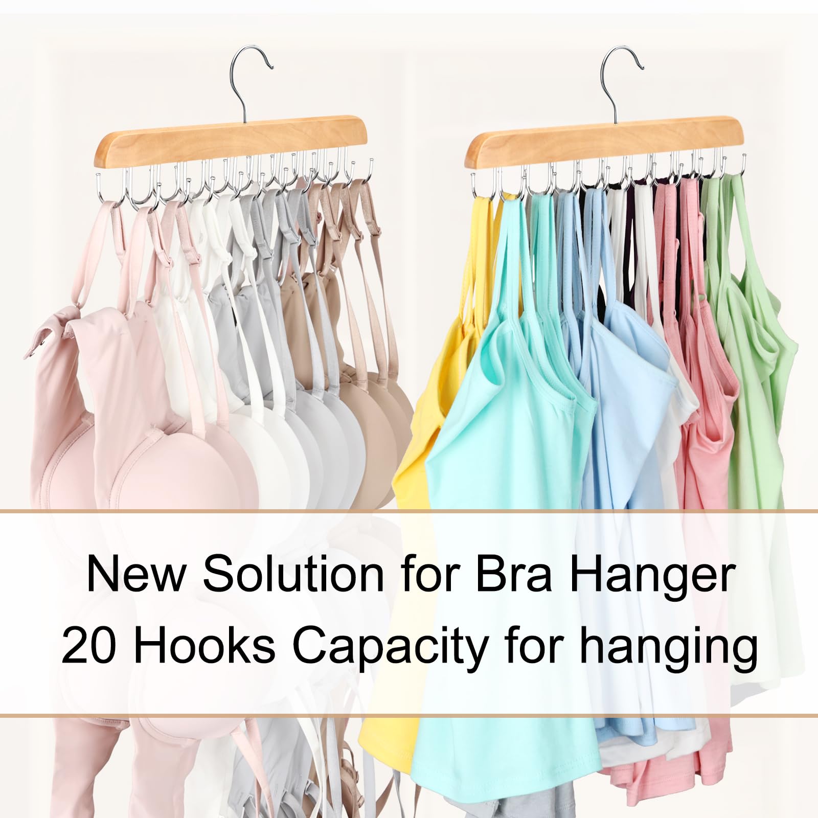 Bra Hanger for Closet, Tank Top Organizer 20 Hooks Capacity Foldable Wood Space Saving Hanger Closet Organizers and Storage for Dorm & Apartment for Tank Top, Hats, Scarf etc.