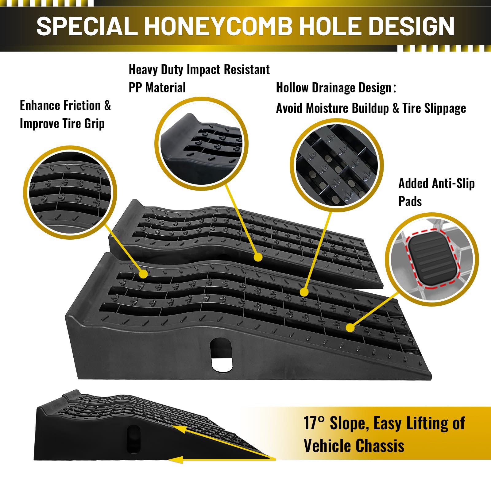 HOXWELL Detachable Low Profile Car Ramps for High Lift and Jack Support, Heavy Duty Car Ramps for Low Cars, Removable Vehicle Ramps for Garage, 15.35''-27.83'' L, 2PCS