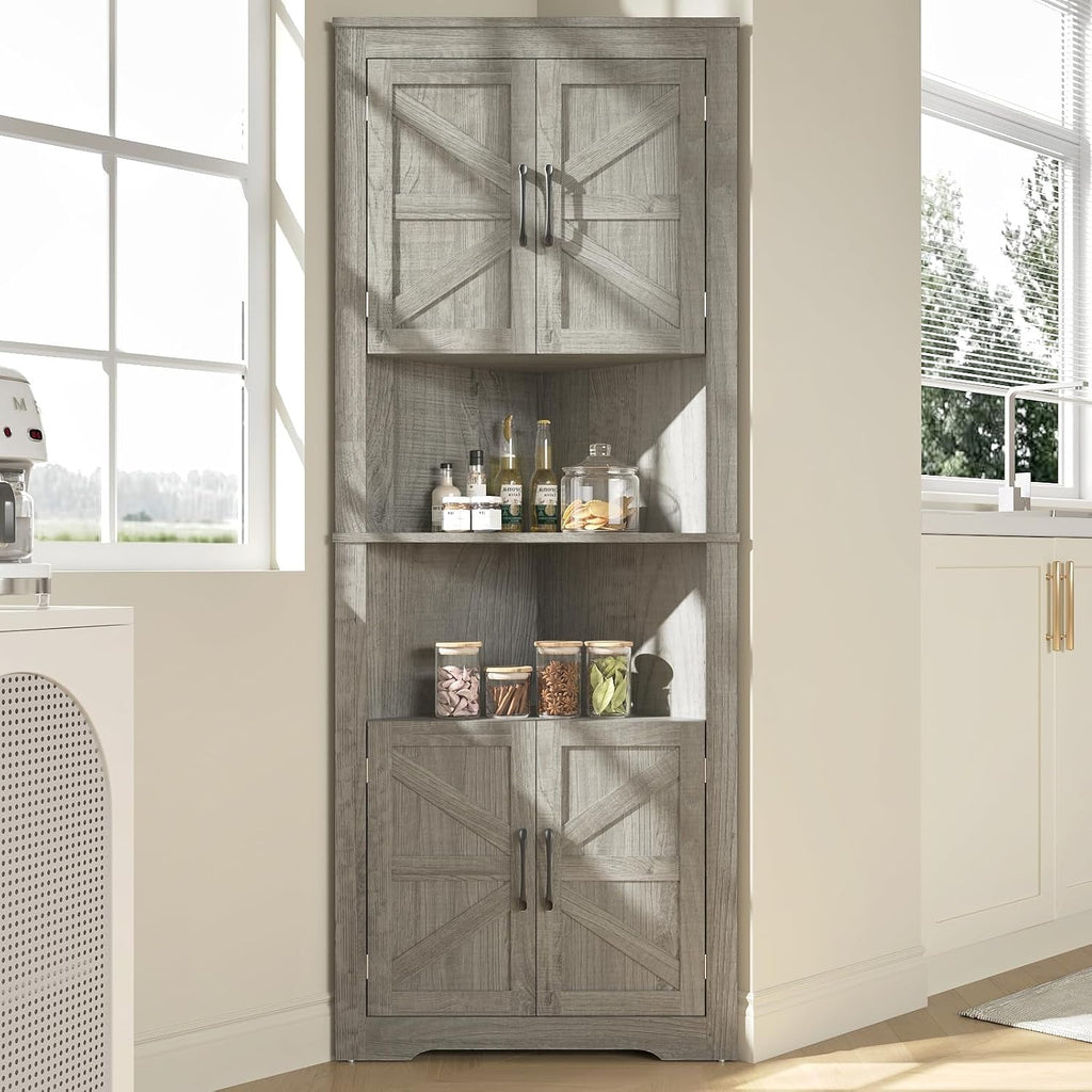 Corner Cabinet 67” Tall, Farmhouse Corner Storage Cabinet with Doors and 5 Shelves, Home Space Saver for Kitchen, Living Room, Gray