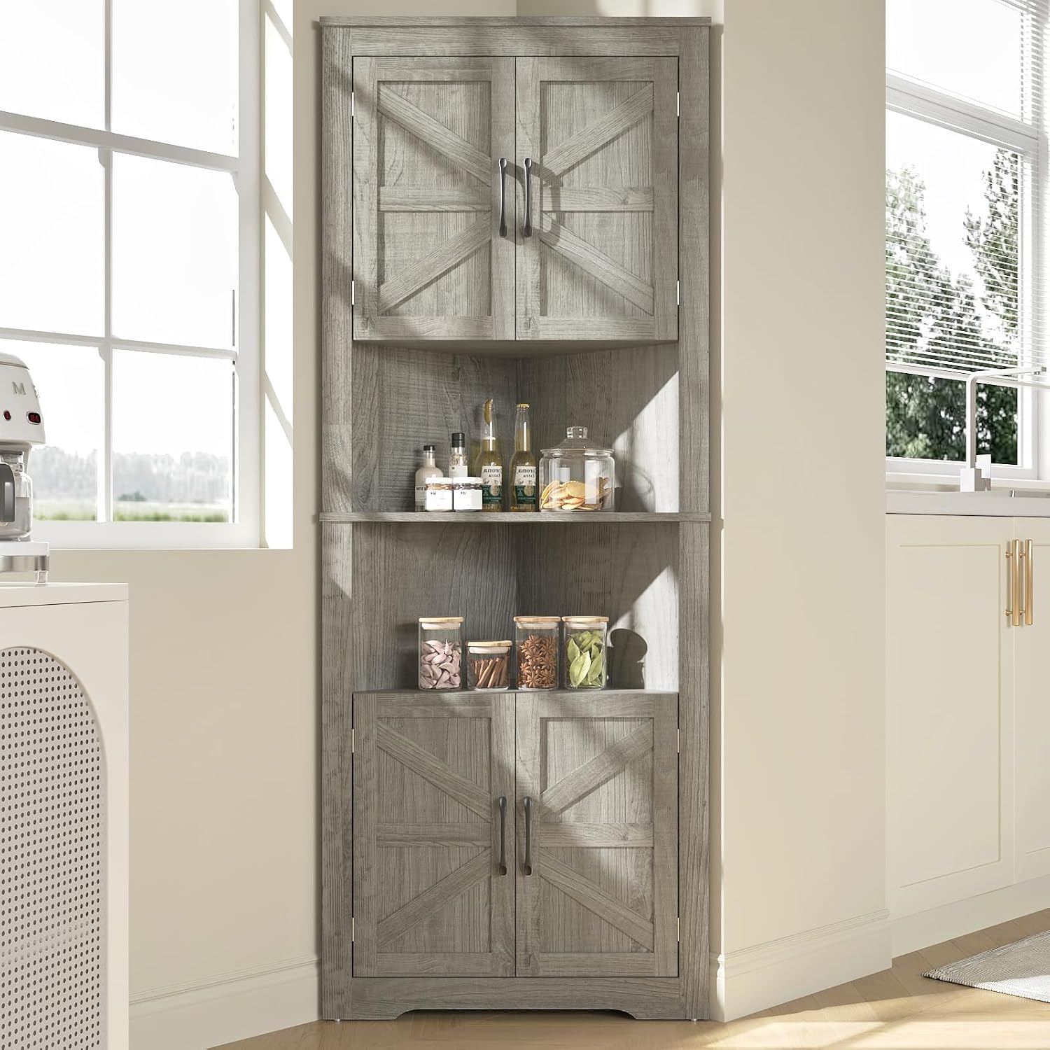 Corner Cabinet 67” Tall, Farmhouse Corner Storage Cabinet with Doors and 5 Shelves, Home Space Saver for Kitchen, Living Room, Gray