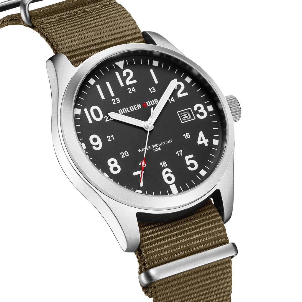 GOLDEN HOUR Men's Nylon Slip-Thru Strap Watch with Military Time Easy Read Dial Glowing Hands