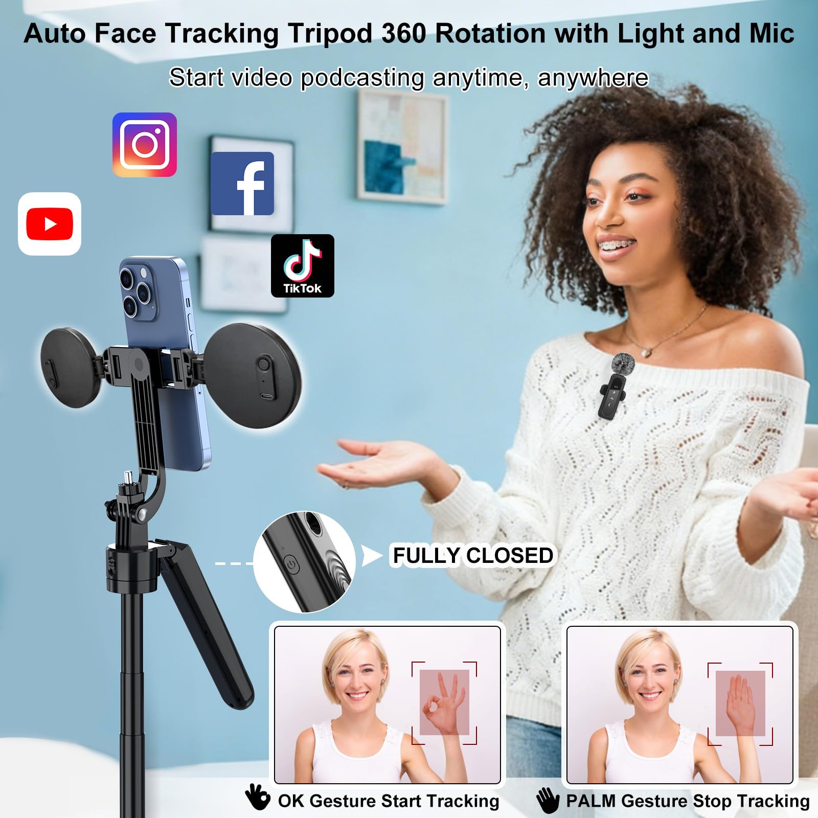 Auto Face Tracking Tripod 360 Rotation with Stand,Android and iPhone Tripod Holder with Remote and Gesture Control, No App,Built-in Tracking Camera Selfie Stick for Vlog Video Recording Tiktok