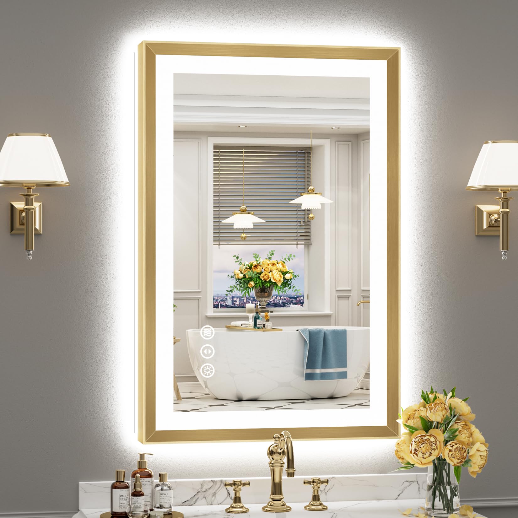 24x36 Gold Beveled LED Bathroom Mirror with Lights, Brushed Gold Framed Backlit and Front Lit Anti-Fog Lighted Vanity Mirrors for Bathroom Wall, Dimmable, 3 Colors, Memory, HD Tempered Glass