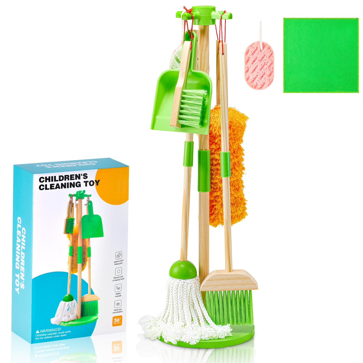 WHOHOLL Wooden Kids Cleaning Toy Set Toddler Broom and Dustpan Set for Housekeeping 9 Pcs Broom and Mop Set for Toddlers 3-6, Cleaning Toys with Sponge, Christmas Birthday Gifts for Boys Girls