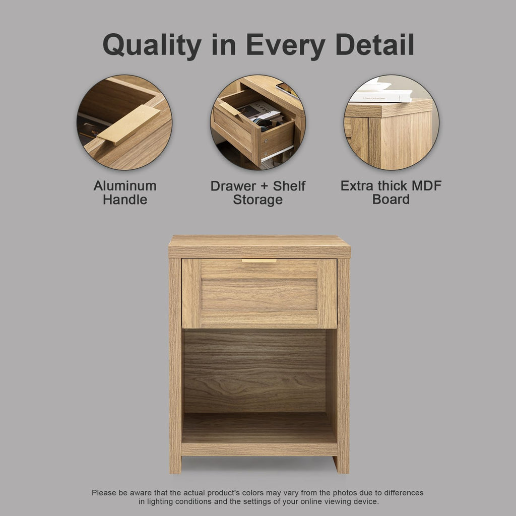 OAKHAM HOME Nightstand Set of 2 Farmhouse Bedside Tables with Drawer and Storage Shelf Modern Boho End Side Tables for Bedroom Sofa, Light Oak