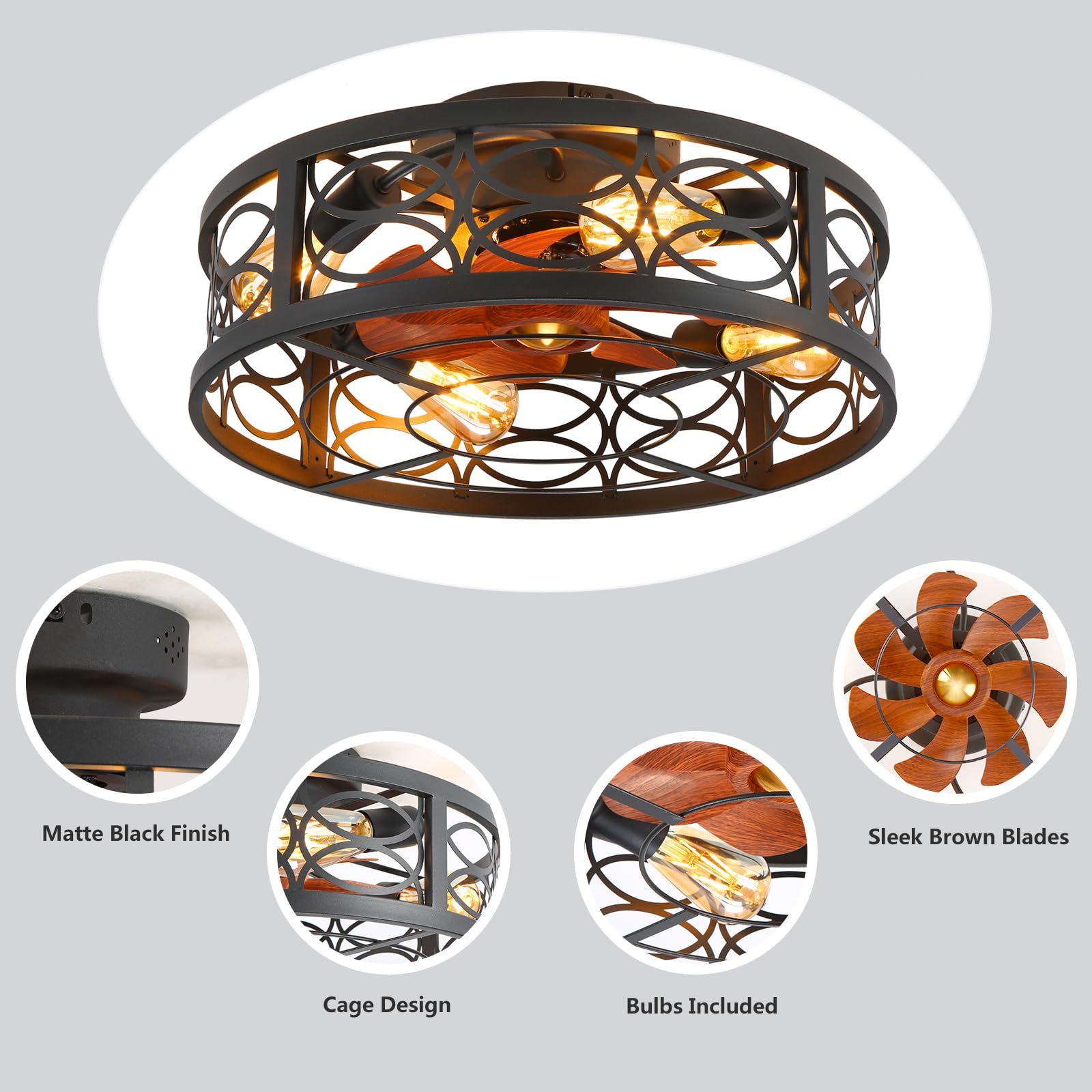 20" Boho Rattan Caged Ceiling Fan with Light,Low Profile Flush Mount Bladeless Ceiling Fan with Remote Control, 6 Speeds Reversible Silent Motor, Farmhouse Fabric Fandalier for Bedroom,Living Room