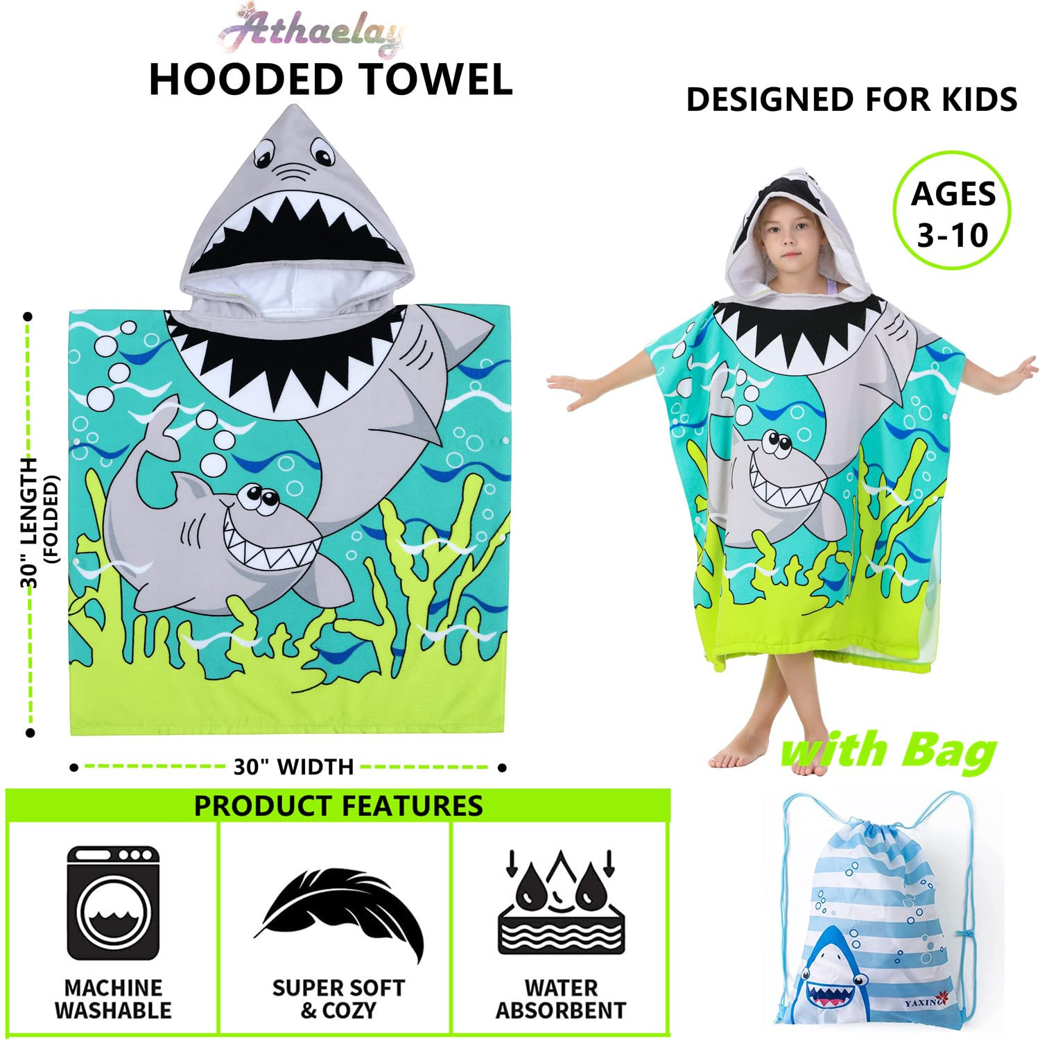 Soft Microfiber Swim Cover-ups for 3 to 10 Years Old Kids Hooded Bath Beach Poncho Towels (Alligator, Fits 3-10 Years)