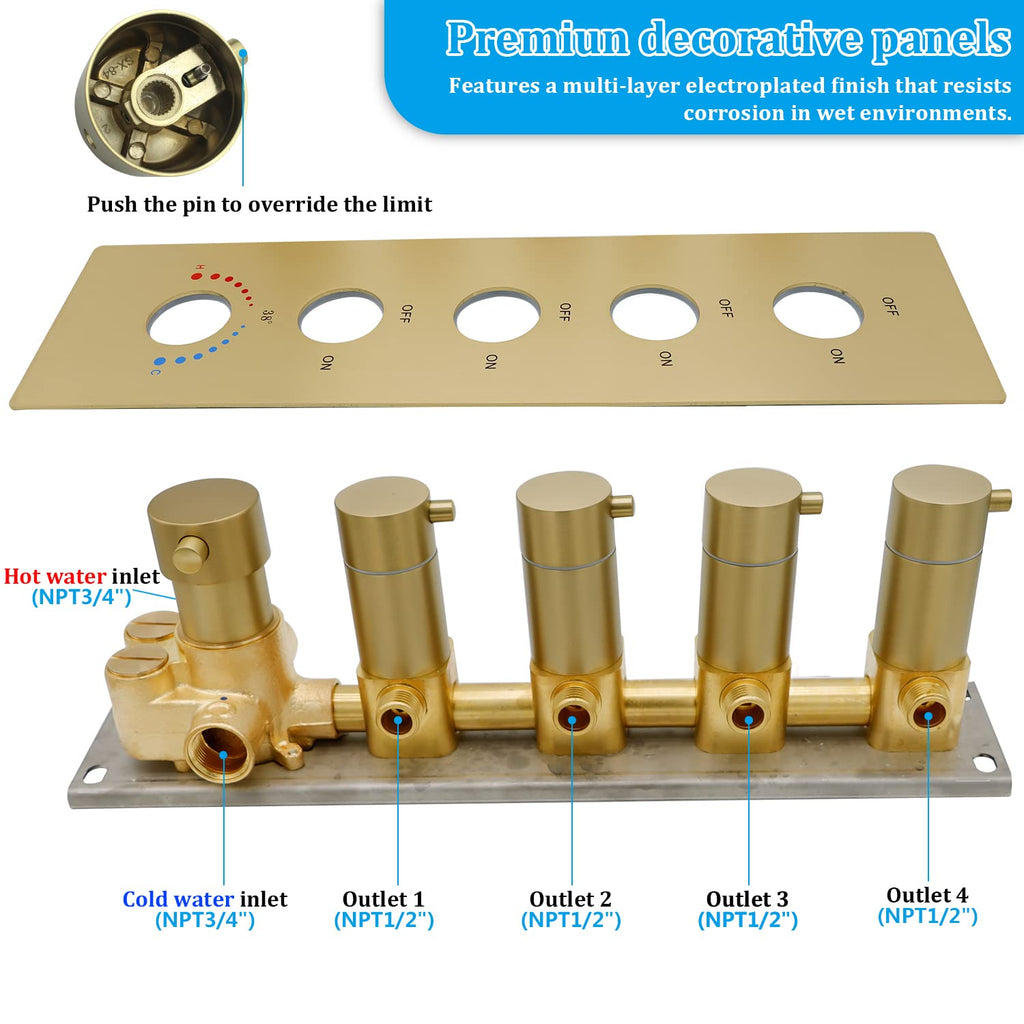 HOMEDEC 2 Way Shower Diverter Valve Brass Dual Functions Thermostatic Shower Mixing Valve Kit 3 Handle Flow Control Valve, 3/4 Inch Inlet, Can Use All Options At a Time, Matte Black