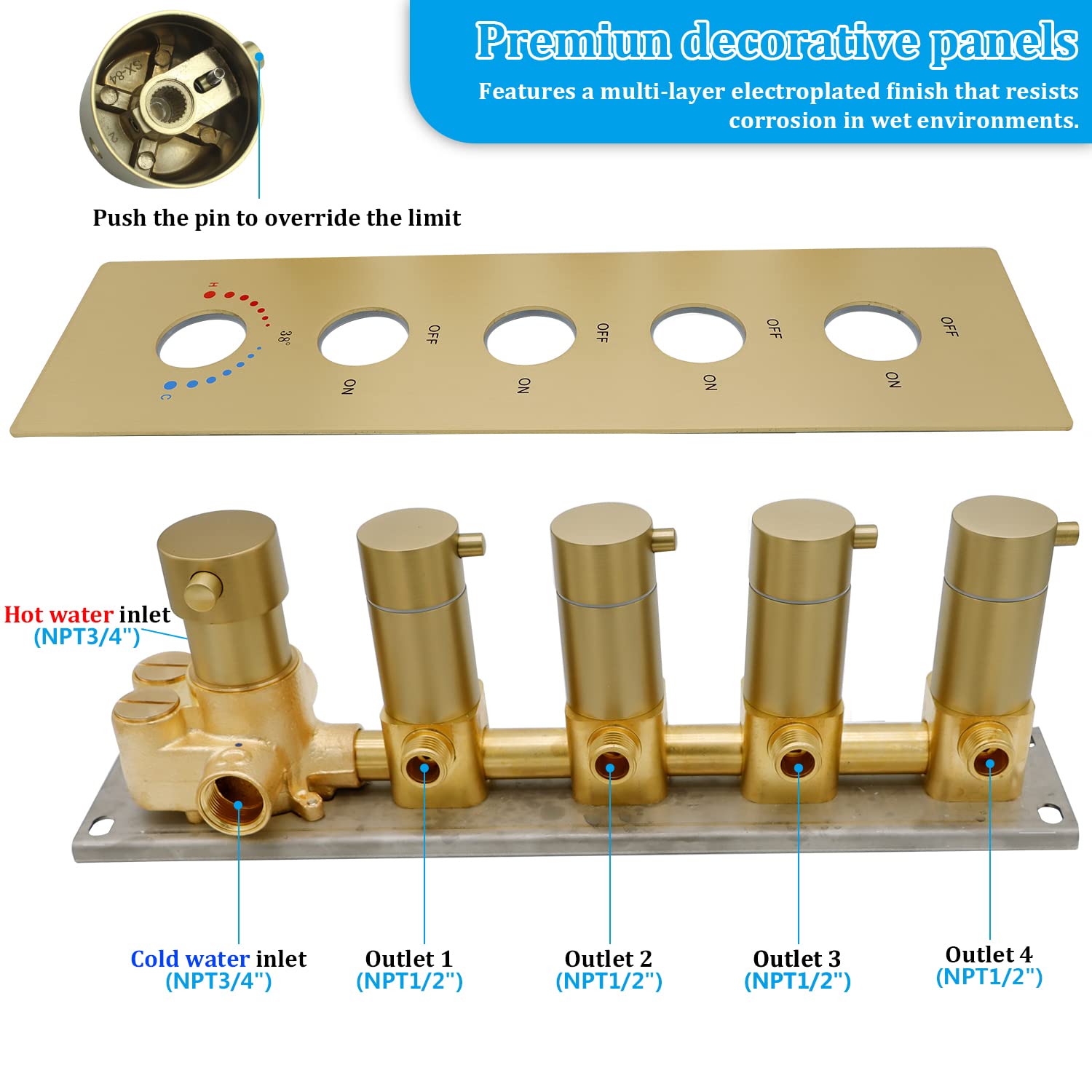 HOMEDEC 2 Way Shower Diverter Valve Brass Dual Functions Thermostatic Shower Mixing Valve Kit 3 Handle Flow Control Valve, 3/4 Inch Inlet, Can Use All Options At a Time, Matte Black
