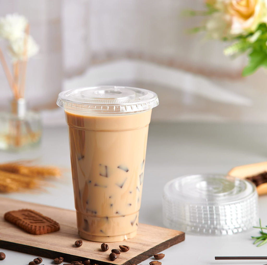 Lilymicky 200 Sets 10 oz Clear Plastic Cups With Flat Lids, 10 Ounce Disposable Drinking Cups for Smoothie, Slurpee, or Any Cold Drinks