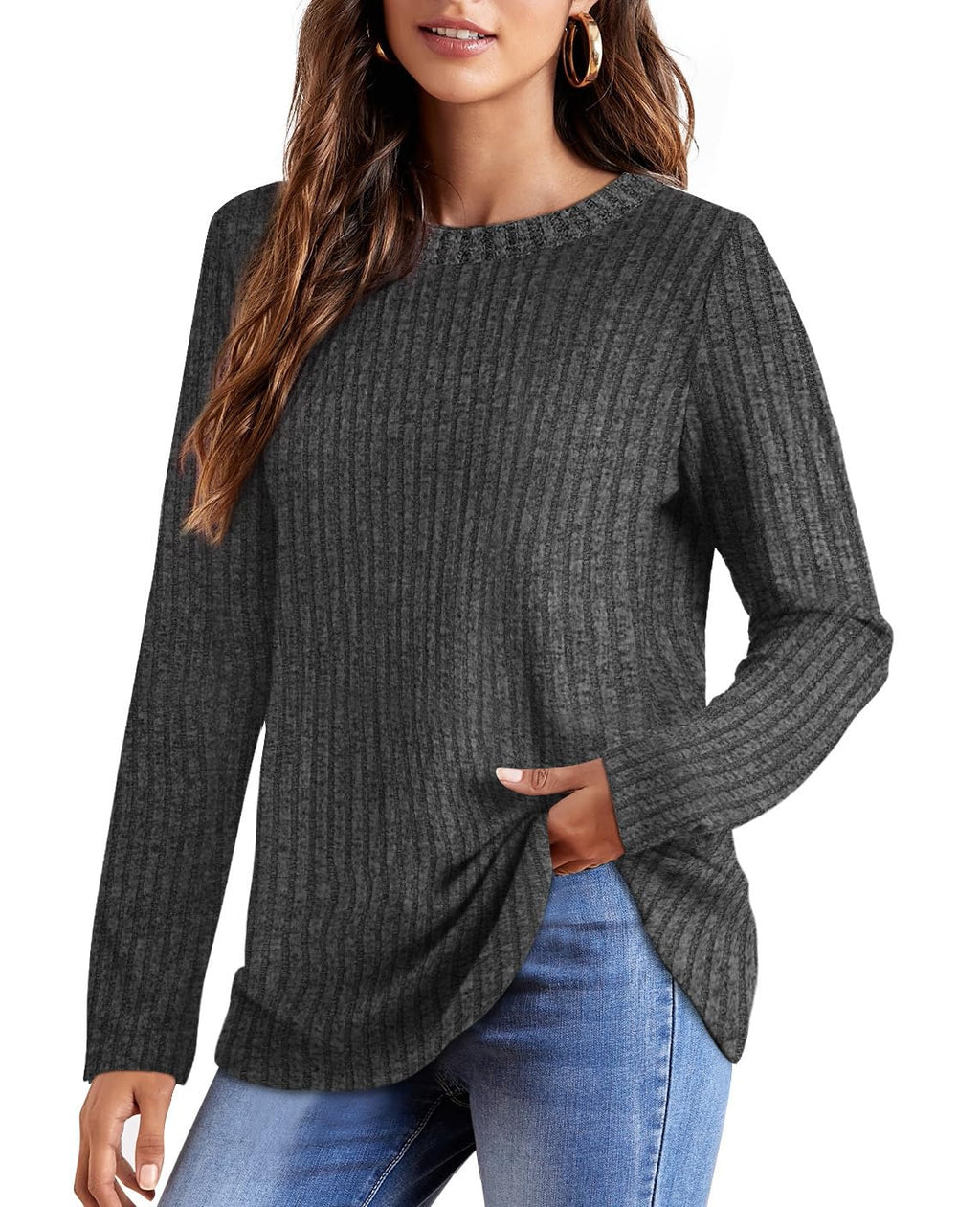 OFEEFAN Long Sleeve Shirts for Women Loose Fit Crew Neck Tunic Tops Blouse Dressy Casual Fall Winter Clothes Outfits
